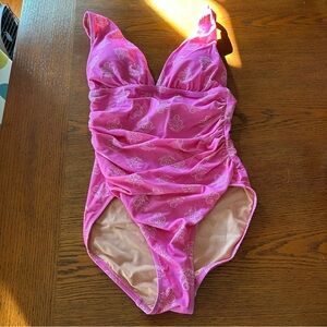 J. Crew Factory Pink Ruched One-Piece Swimsuit with Subtle Print NWT